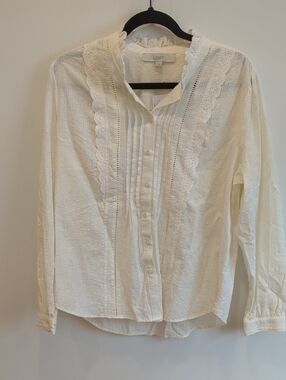 Cottage Prairie Western Girly Romantic LOFT Ivory Lace-Trim Ruffle Blouse (L)